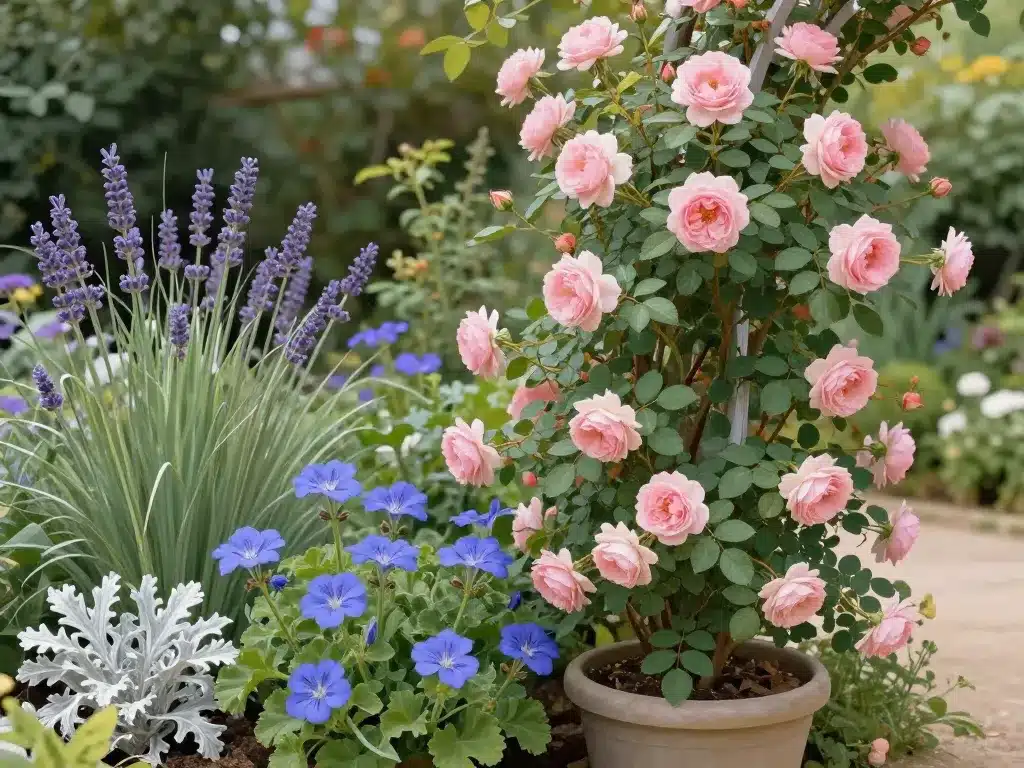 rosa eden rose et vivaces en composition de jardin