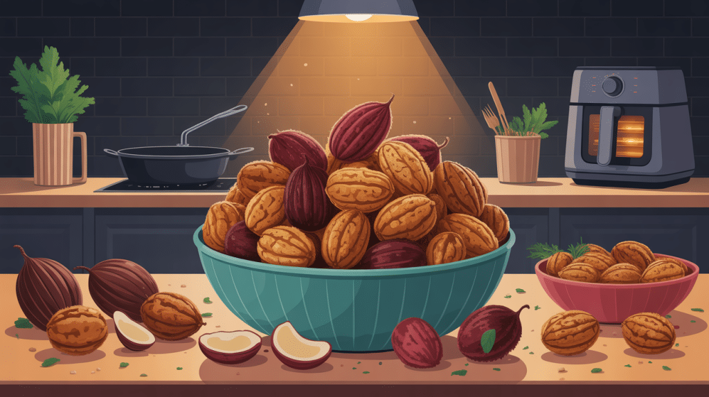 griller des noix de cajou en cuisine illustration colorée