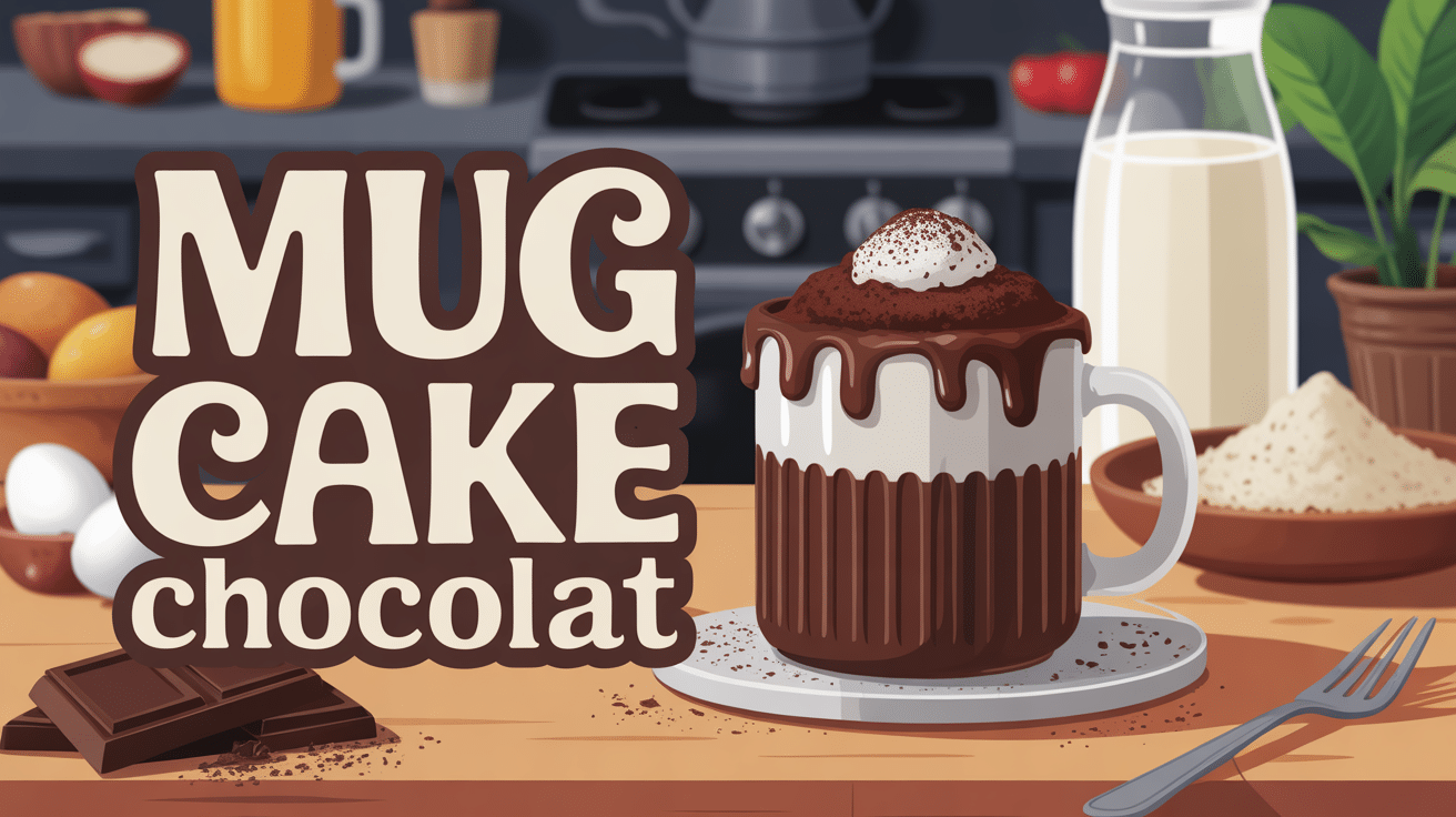 mug cake chocolat sur table avec ingrédients