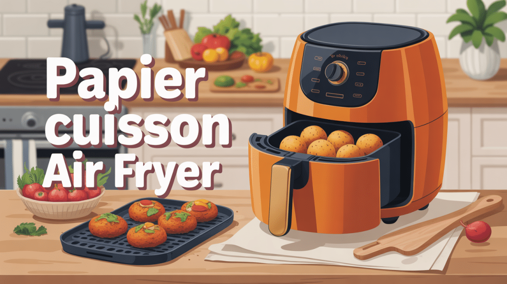 Papier cuisson air fryer utilisé dans une friteuse à air avec aliments dorés