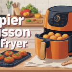 Papier cuisson air fryer utilisé dans une friteuse à air avec aliments dorés