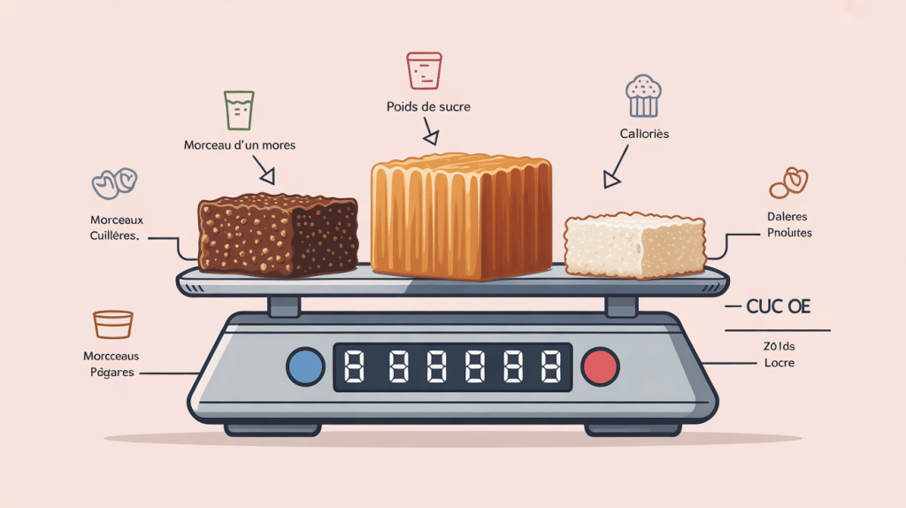 illustration poids morceau de sucre avec balance et équivalences