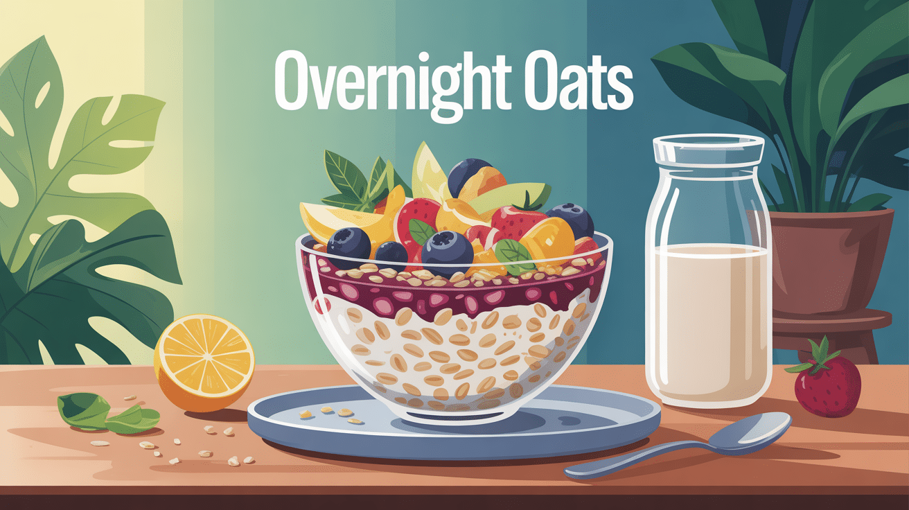 recette overnight oats illustrée avec bol, fruits, graines