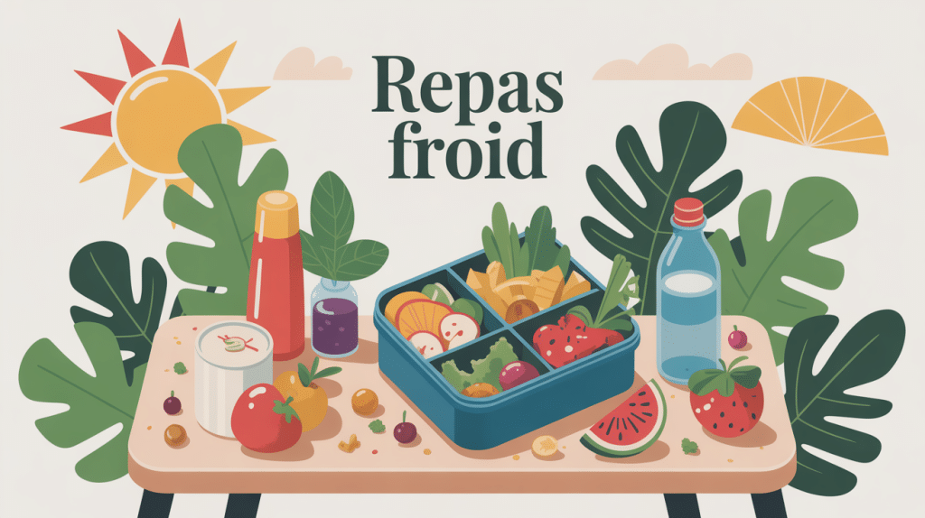 Repas froid composé sur table avec lunch box et fruits d’été