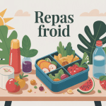 Repas froid composé sur table avec lunch box et fruits d’été