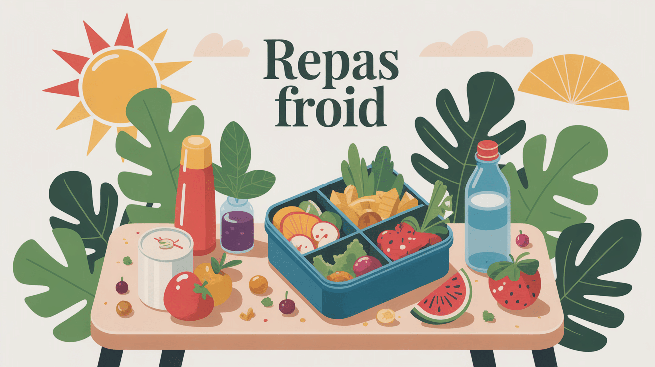 Repas froid composé sur table avec lunch box et fruits d’été