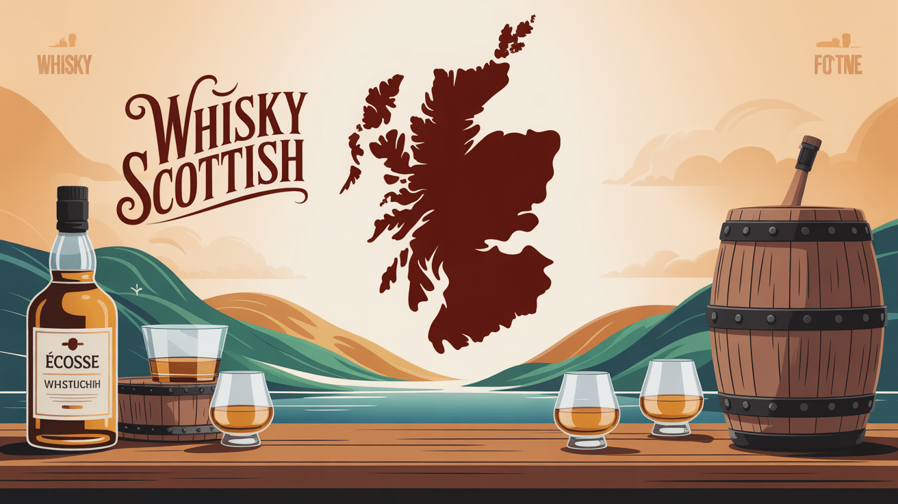 Illustration whisky scottish carte Écosse verres fûts