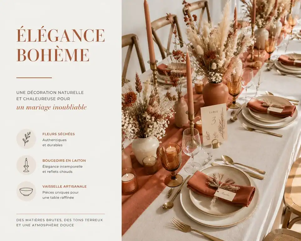 Décoration de mariage bohème et terracotta avec fleurs séchées et bougeoirs