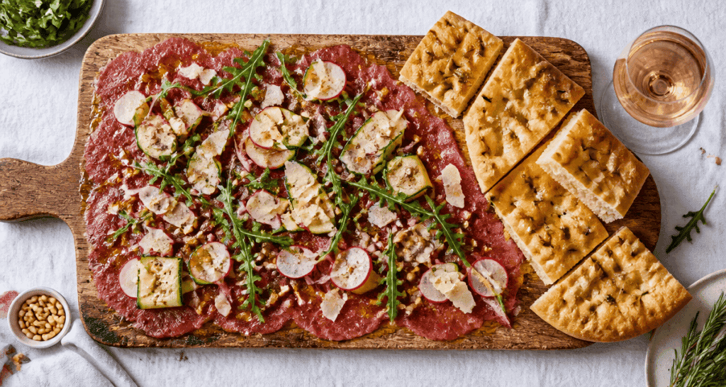 accompagnement carpaccio de boeuf avec parmesan roquette et focaccia