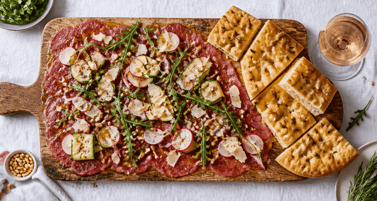 accompagnement carpaccio de boeuf avec parmesan roquette et focaccia