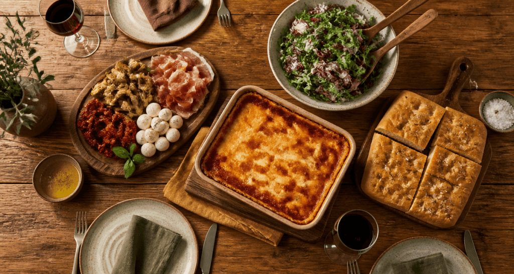 accompagnement pour lasagne sur table conviviale