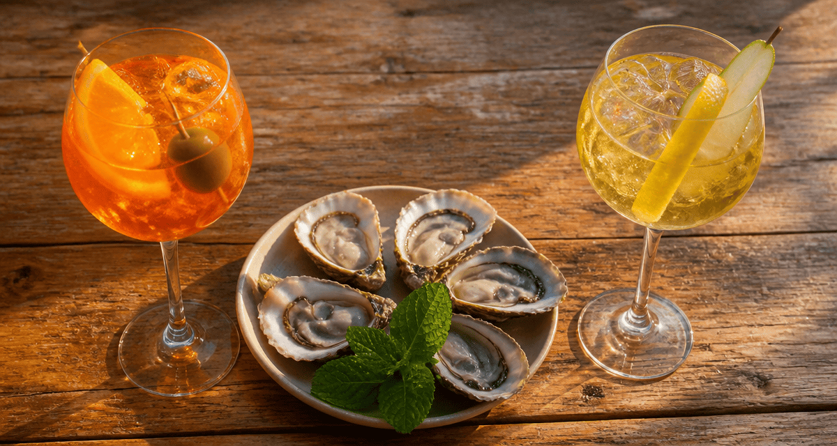 aperol st germain spritz verres huîtres table bois