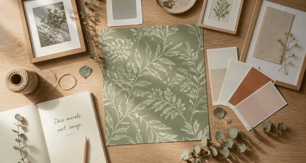 decoration murale vert sauge flat lay botanique