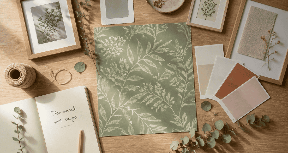 decoration murale vert sauge flat lay botanique