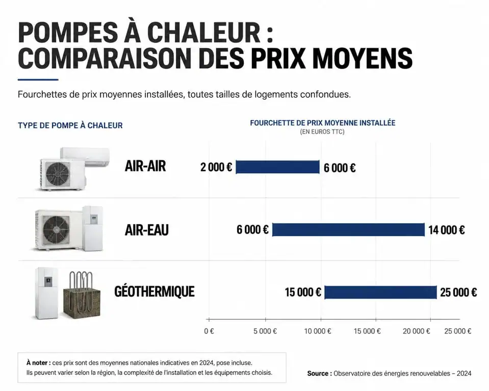 Comparatif des prix des pompes à chaleur réversibles par technologie : air-air, air-eau et géothermique