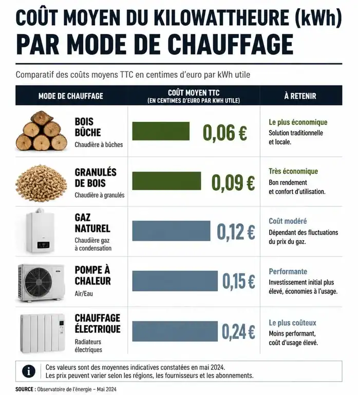 Comparatif du prix du kWh par mode de chauffage pour identifier le chauffage le moins cher