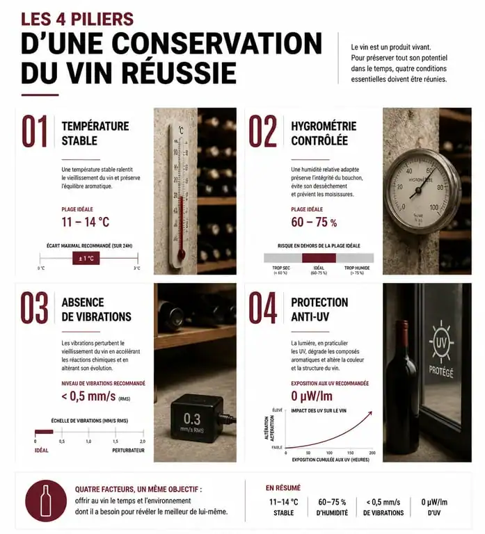 Infographie des critères techniques pour choisir sa cave à vin : comparatif des seuils de température, humidité et protection.