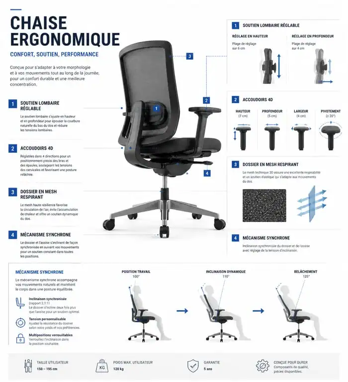 Schéma des caractéristiques techniques d'une top chaise ergonomique pour le bureau