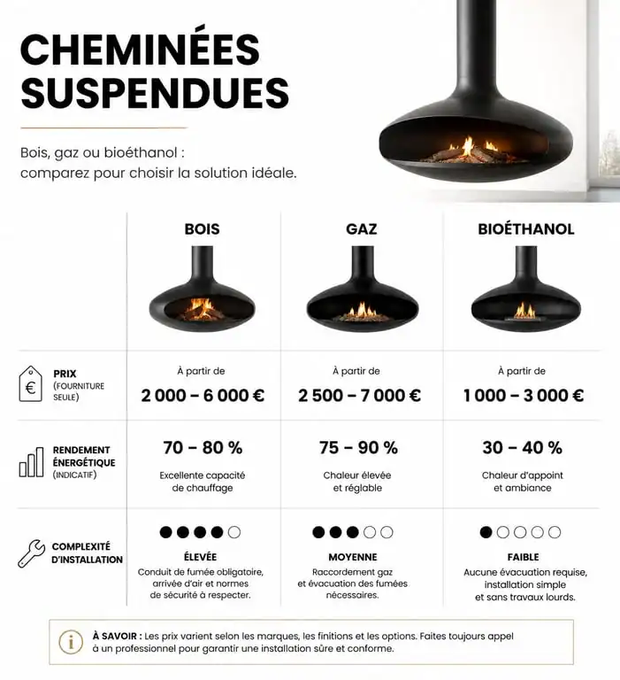 Comparatif des prix et caractéristiques des cheminées suspendues : bois, gaz et bioéthanol.