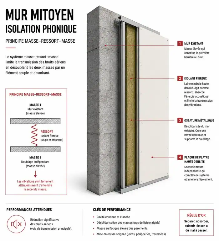 Schéma du principe masse-ressort-masse pour isoler phoniquement un mur mitoyen