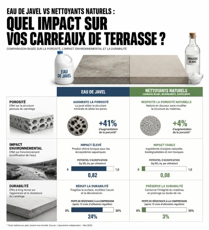 Infographie comparative nettoyage terrasse javel vs alternatives écologiques