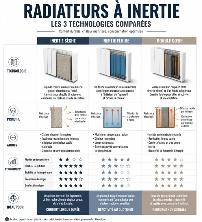 Comparatif des technologies de radiateurs à inertie : sèche, fluide et double cœur