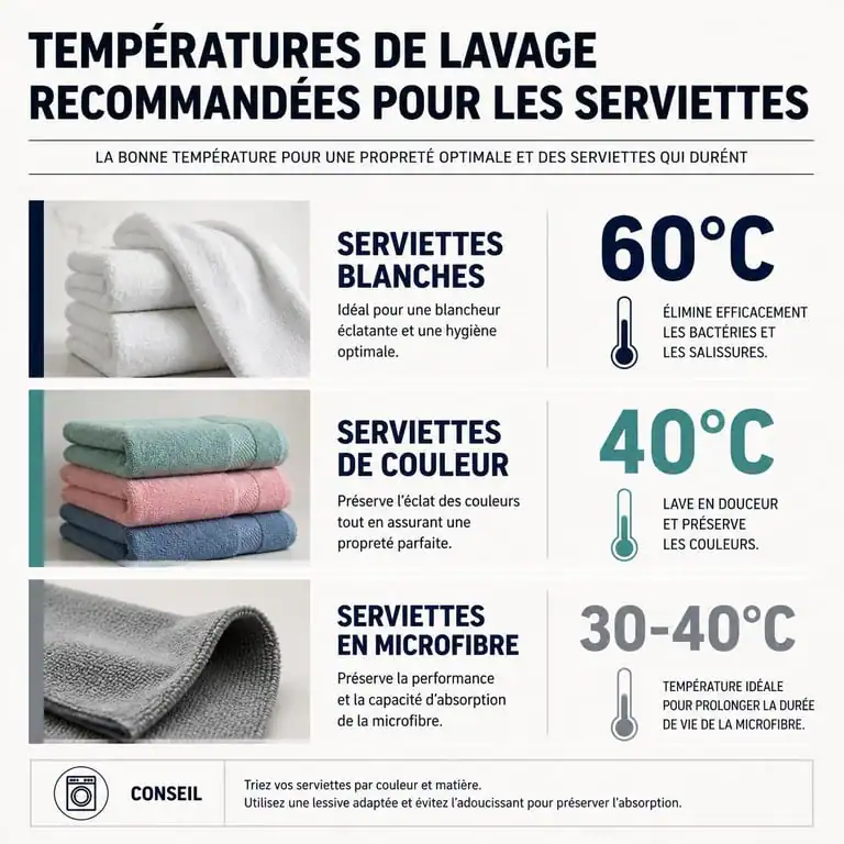 Infographie des températures de lavage idéales pour les serviettes de bain selon la couleur et la matière pour savoir à combien laver les serviettes.