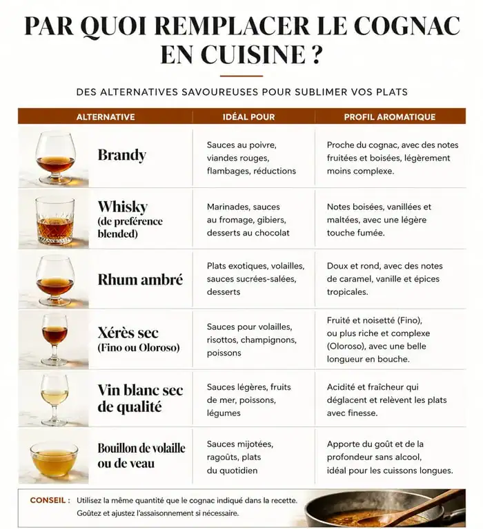 Tableau comparatif des substituts au cognac en cuisine pour remplacer l'alcool dans vos recettes