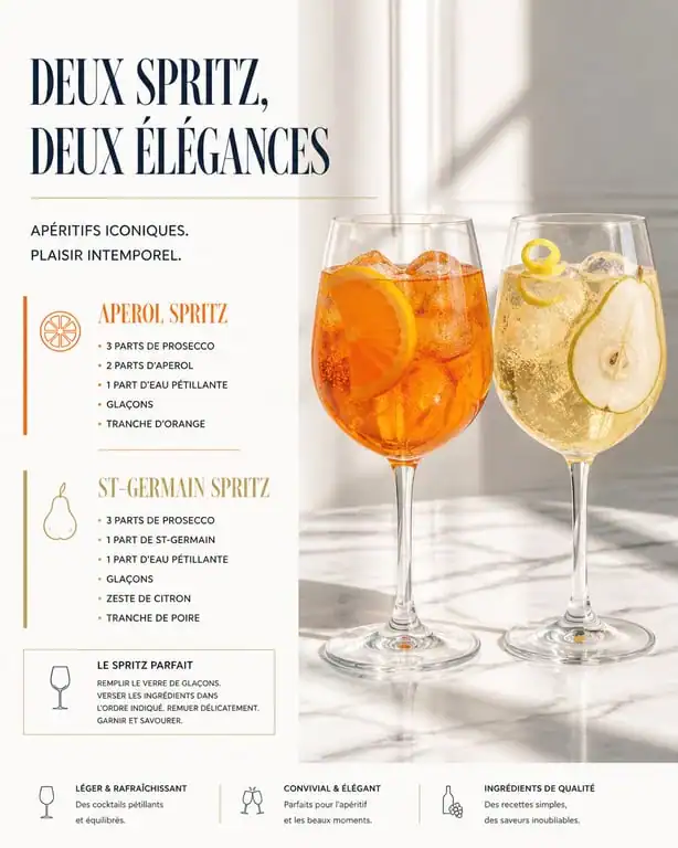 Comparaison visuelle entre un Aperol Spritz orange et un Spritz St-Germain doré