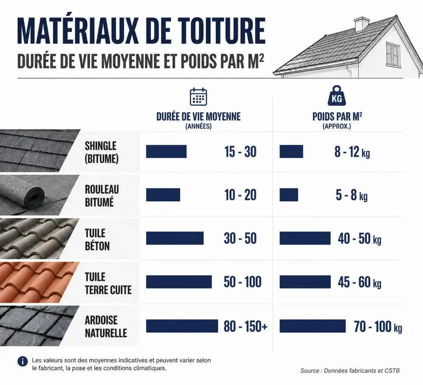 Comparatif de la durée de vie et du poids des matériaux de toiture : shingle, tuile et ardoise.