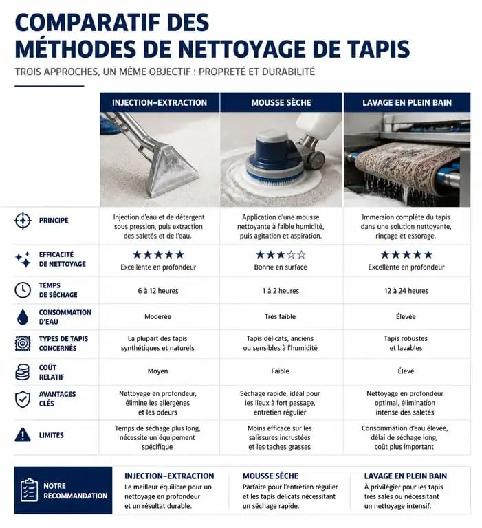 Infographie comparative des méthodes de nettoyage de tapis selon la matière et la fragilité