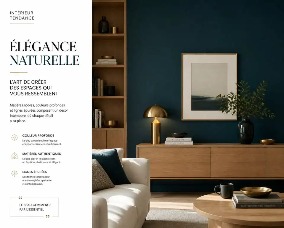 Salon moderne avec un mur bleu canard foncé et décoration en bois clair et laiton