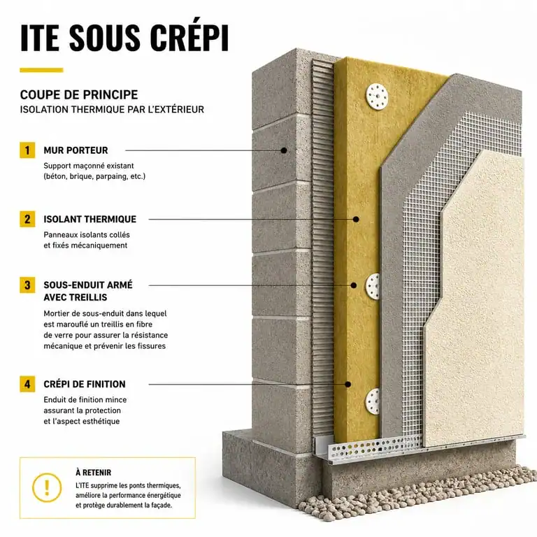 Schéma technique de la composition d'une façade avec crépi isolant