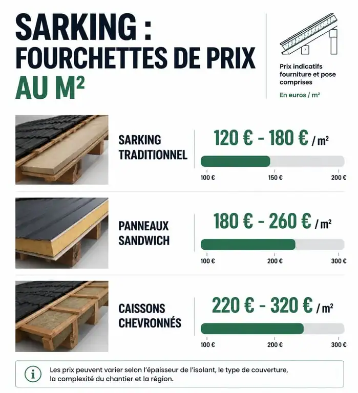 Comparatif des prix au m² pour l'isolation de toiture par sarking selon la technique utilisée