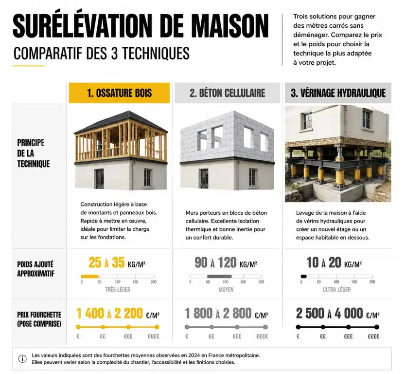 Comparatif des techniques et prix pour une surélévation de maison de 40m2