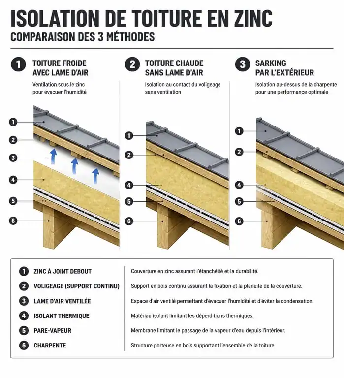 Comparatif des méthodes d'isolation pour toiture en zinc : toiture froide, toiture chaude et sarking
