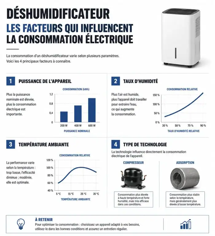 Infographie sur les facteurs influençant la consommation électrique d'un déshumidificateur