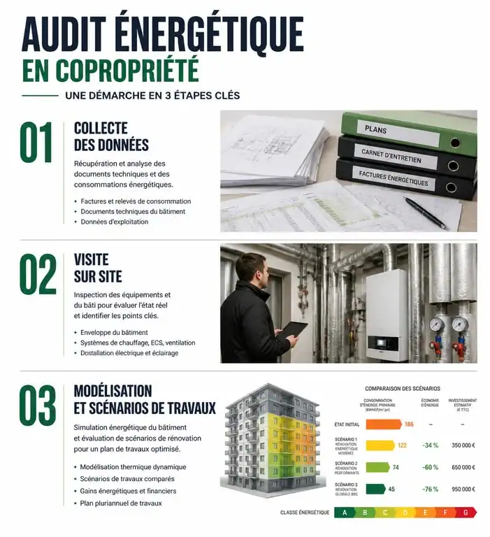 Infographie des étapes de l'audit énergétique en copropriété pour améliorer la performance thermique