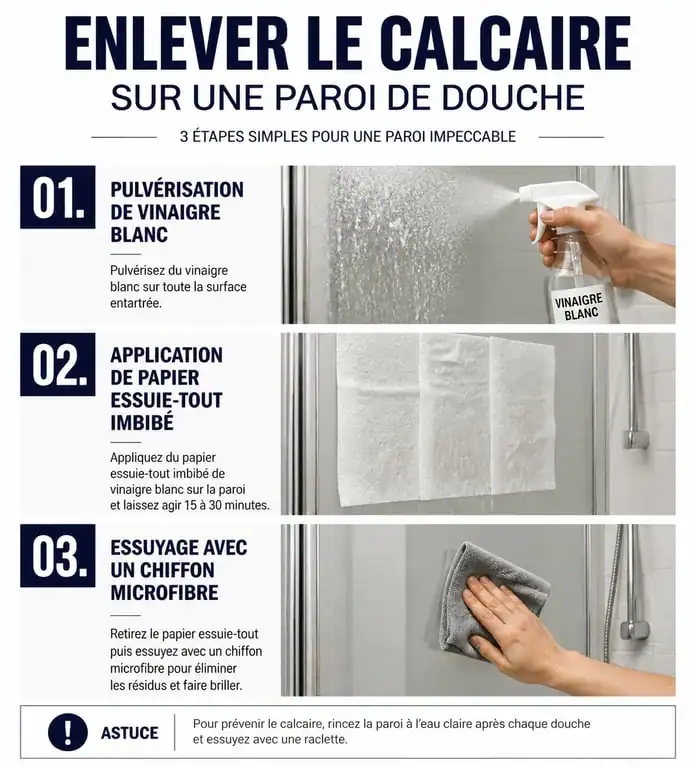 Étapes pour enlever le calcaire sur les parois de douche avec du vinaigre blanc
