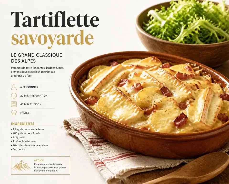 Tartiflette savoyarde traditionnelle servie avec une salade verte croquante comme accompagnement idéal