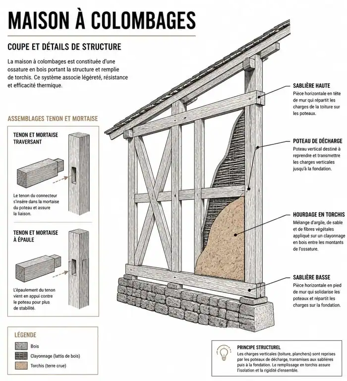 Schéma technique d'une maison à colombages montrant l'ossature bois et les assemblages
