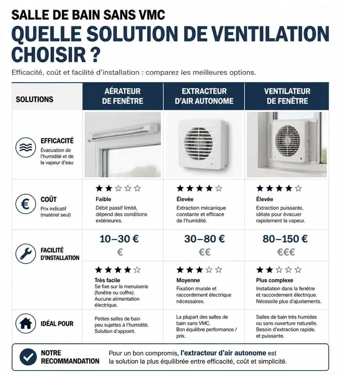 Comparatif des solutions pour ventiler une salle de bain sans VMC
