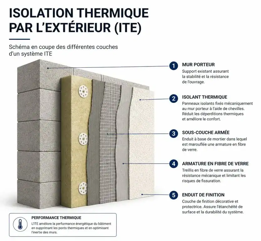 Schéma technique des couches d'une isolation thermique par l'extérieur (ITE) lors d'un ravalement de façade