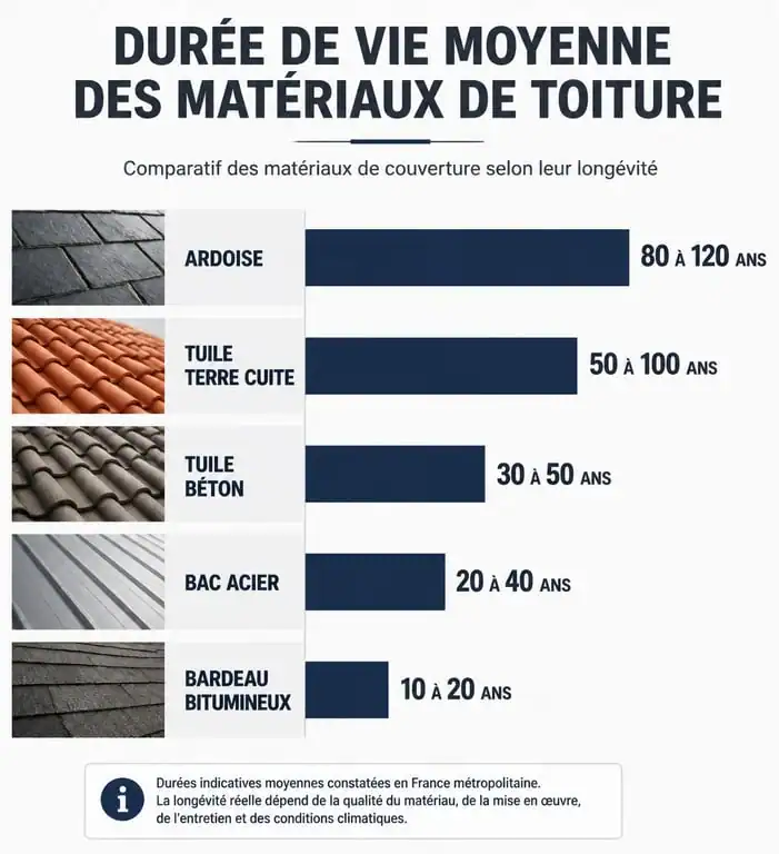 Infographie comparative de la durée de vie des matériaux de toiture : ardoise, tuile terre cuite, tuile béton, bac acier et bardeaux bitumineux.