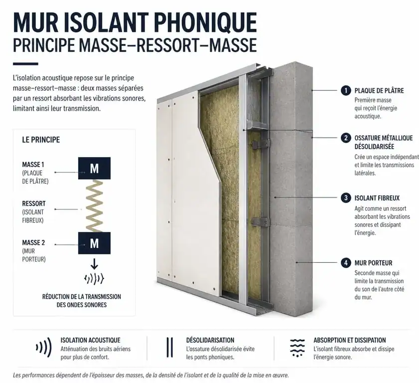Schéma technique du principe masse-ressort-masse pour isoler phoniquement une pièce