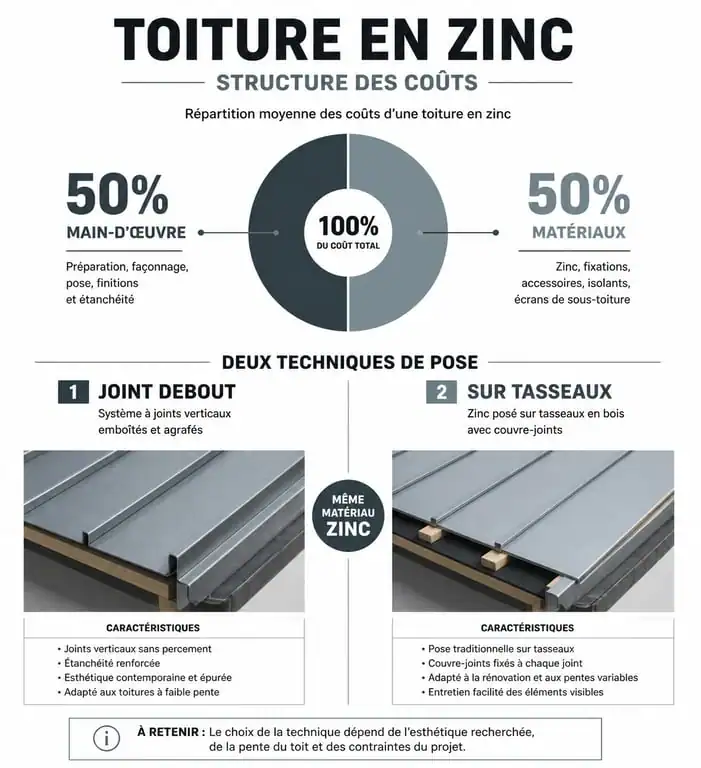 Infographie comparative des coûts et techniques de pose pour une toiture en zinc