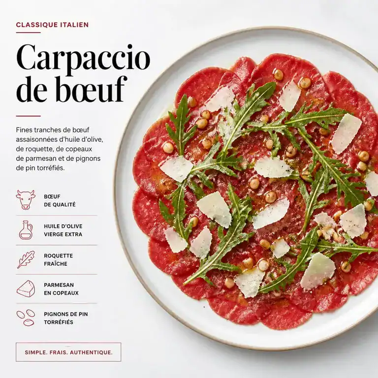 Carpaccio de bœuf avec accompagnement de roquette et parmesan