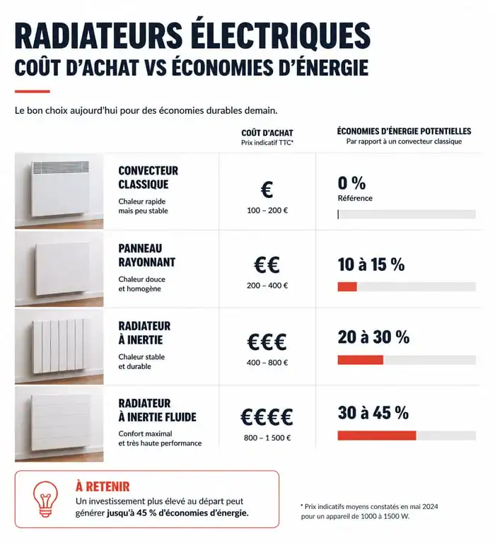 Comparatif des radiateurs électriques les plus économiques : convecteur, rayonnant, inertie et double cœur de chauffe.