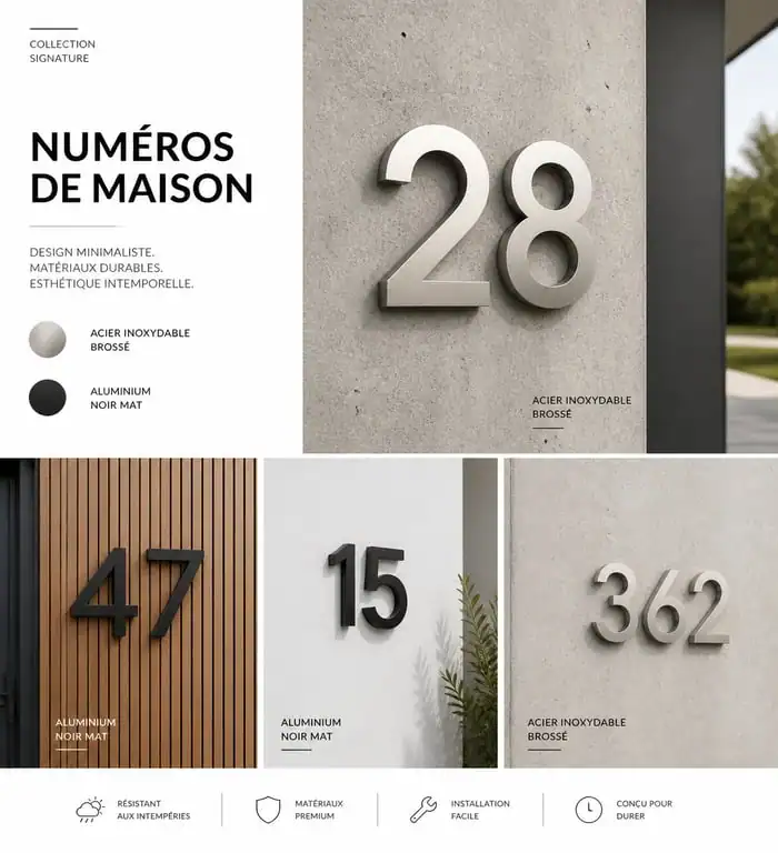 Exemples de numéros de maison design en inox et aluminium sur façades modernes