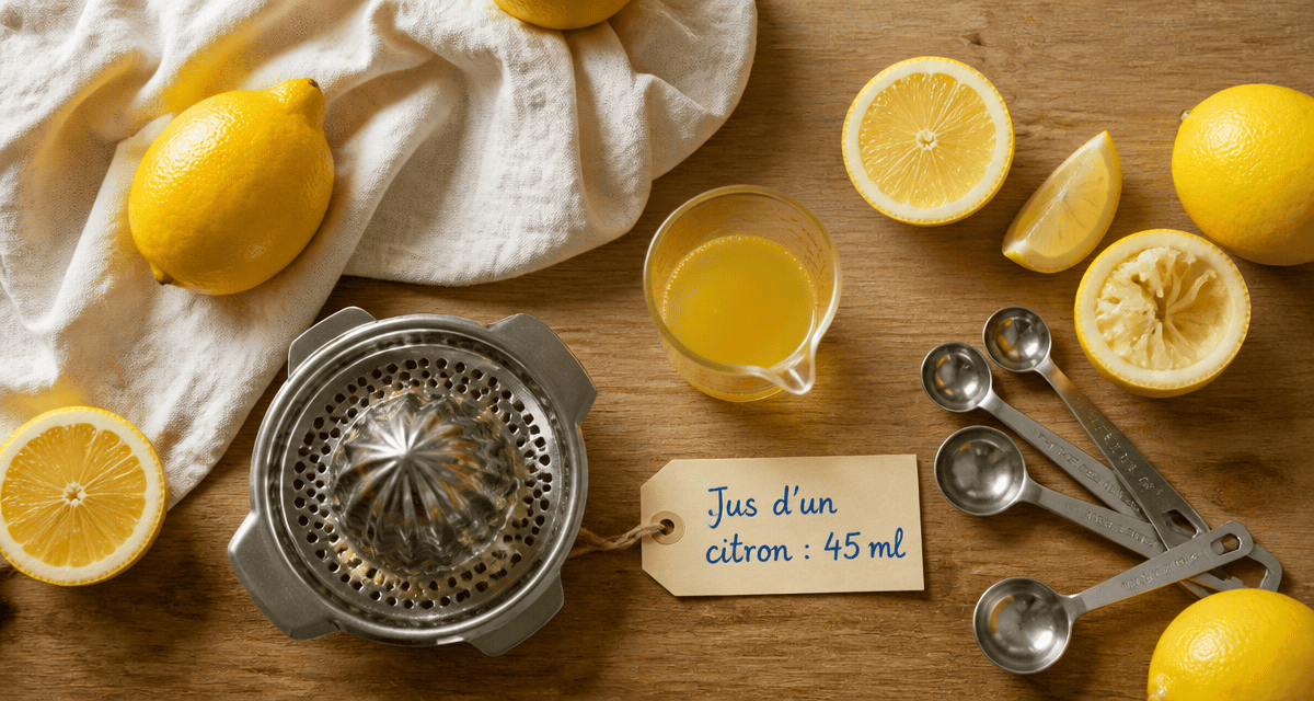 jus d un citron en ml sur plan de travail avec verre doseur